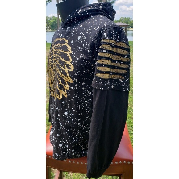 CARBON BOY'S Large Black Hoodie w/Gold Indian Chief 100% Cotton Drawstring Tie - Picture 2 of 13